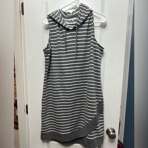 Maurices Gray and White Striped Sleeveless Hooded Dress